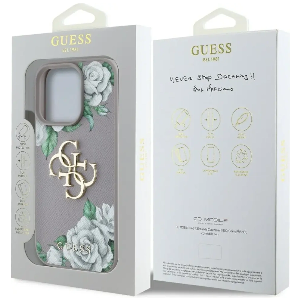 Etui Guess Grained Roses Big 4G logo do Apple iPhone 16 Pro fioletowy