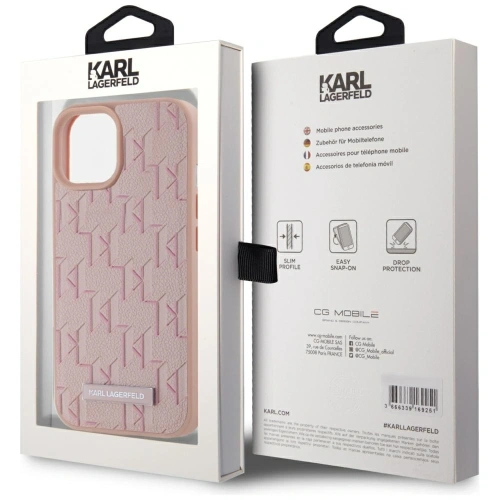 Kup Karl Lagerfeld Kožený monogram kovové logo MagSafe Apple iPhone 15 růžový - KLD22019 - {ean13} - Sklep Home Screen