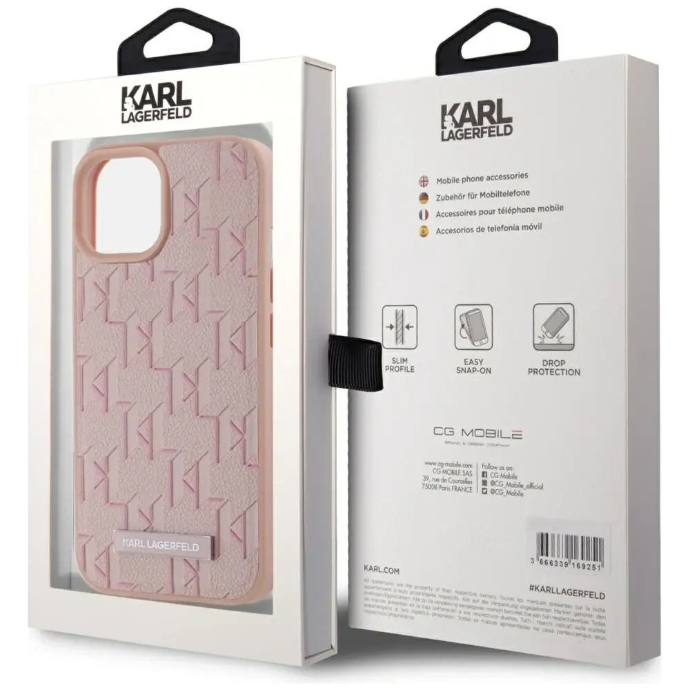 Etui Karl Lagerfeld Leather Monogram Metal Logo MagSafe do Apple iPhone 15 różowy