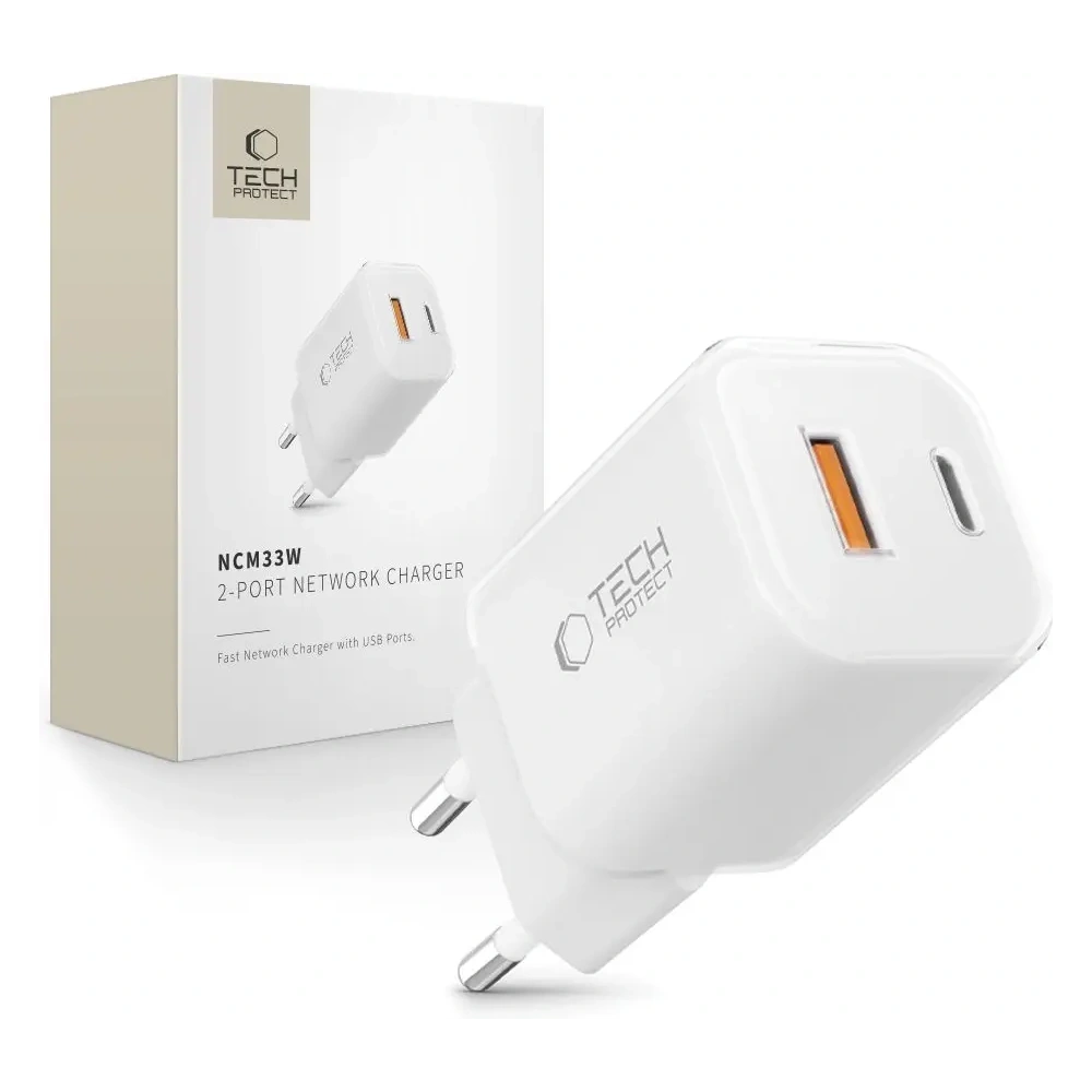 Ładowarka sieciowa Tech-Protect NCM33W 2-port USB-A, USB-C Network Charger PD 33W / QC3.0 White