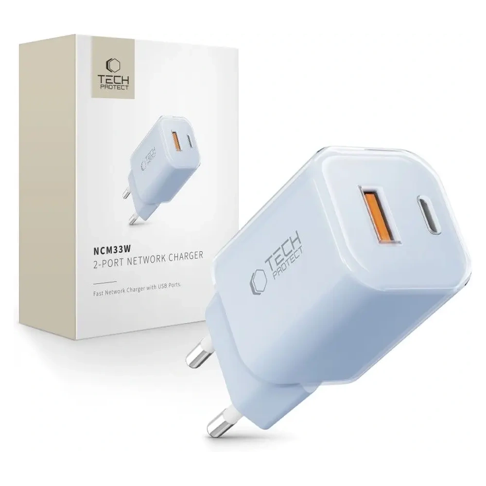 Ładowarka sieciowa Tech-Protect NCM33W 2-port USB-A, USB-C Network Charger PD 33W / QC3.0 Baby Blue