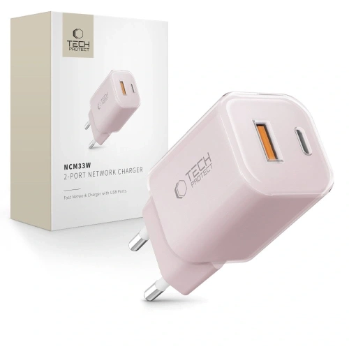 Kup Tech-Protect NCM33W Încărcător de rețea cu 2 porturi USB-A, USB-C PD 33W / QC3.0 Roz bebeluș - THP4122 - {ean13} - Sklep Home Screen