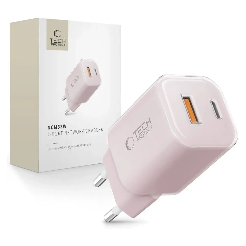 Ładowarka sieciowa Tech-Protect NCM33W 2-port USB-A, USB-C Network Charger PD 33W / QC3.0 Baby Pink