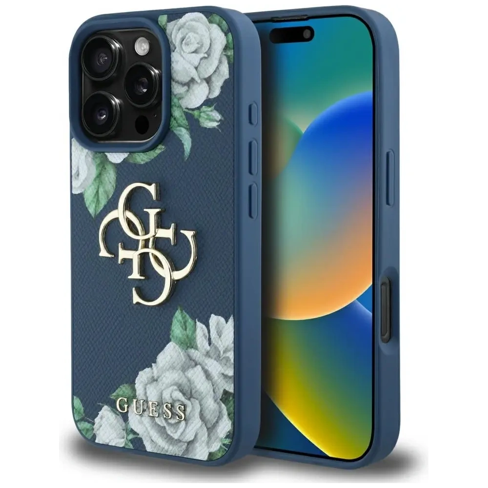Etui Guess Grained Roses Big 4G logo do Apple iPhone 16 Pro Max niebieski