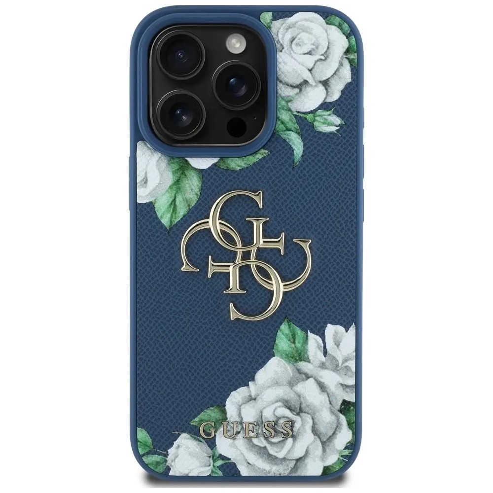 Etui Guess Grained Roses Big 4G logo do Apple iPhone 16 Pro Max niebieski