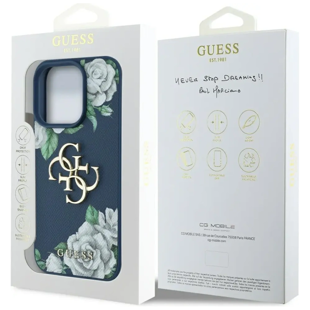 Etui Guess Grained Roses Big 4G logo do Apple iPhone 16 Pro Max niebieski