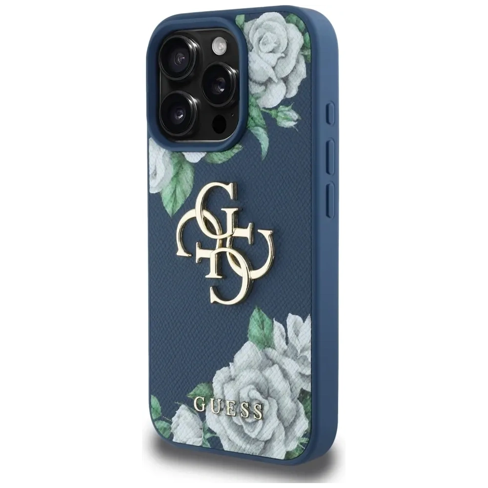 Etui Guess Grained Roses Big 4G logo do Apple iPhone 16 Pro niebieski