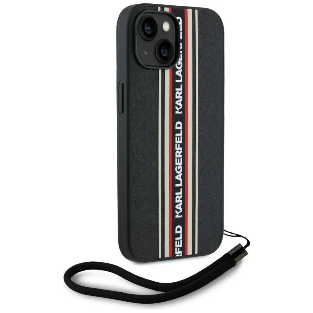Etui Karl Lagerfeld Saffiano Athleisure Stripes Cord do Apple iPhone 15 czarno-czerwony