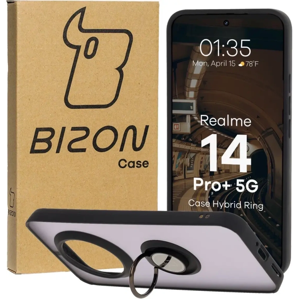 Etui z uchwytem na palec Bizon Case Hybrid Ring do Realme 14 Pro Plus 5G przydymione z czarną ramką