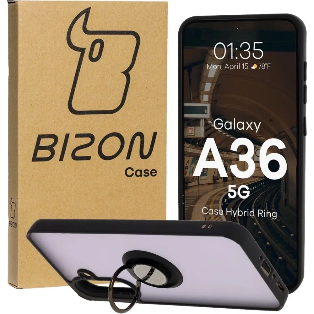 Etui z uchwytem na palec Bizon Case Hybrid Ring do Samsung Galaxy A36 5G przydymione z czarną ramką