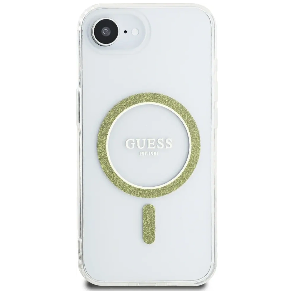 Etui Guess IML Glitter Circle MagSafe do Apple iPhone 16e przezroczysty