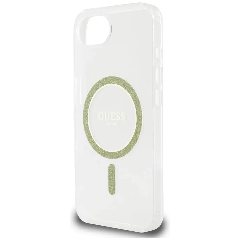 Etui Guess IML Glitter Circle MagSafe do Apple iPhone 16e przezroczysty