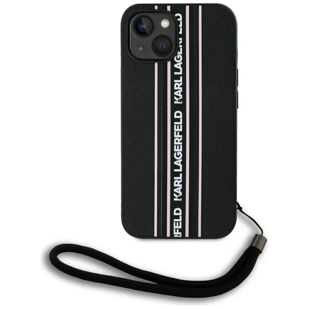 Etui Karl Lagerfeld Saffiano Athleisure Stripes Cord do Apple iPhone 15 czarno-różowy
