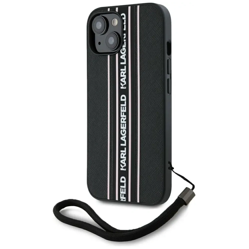 Etui Karl Lagerfeld Saffiano Athleisure Stripes Cord do Apple iPhone 15 czarno-różowy