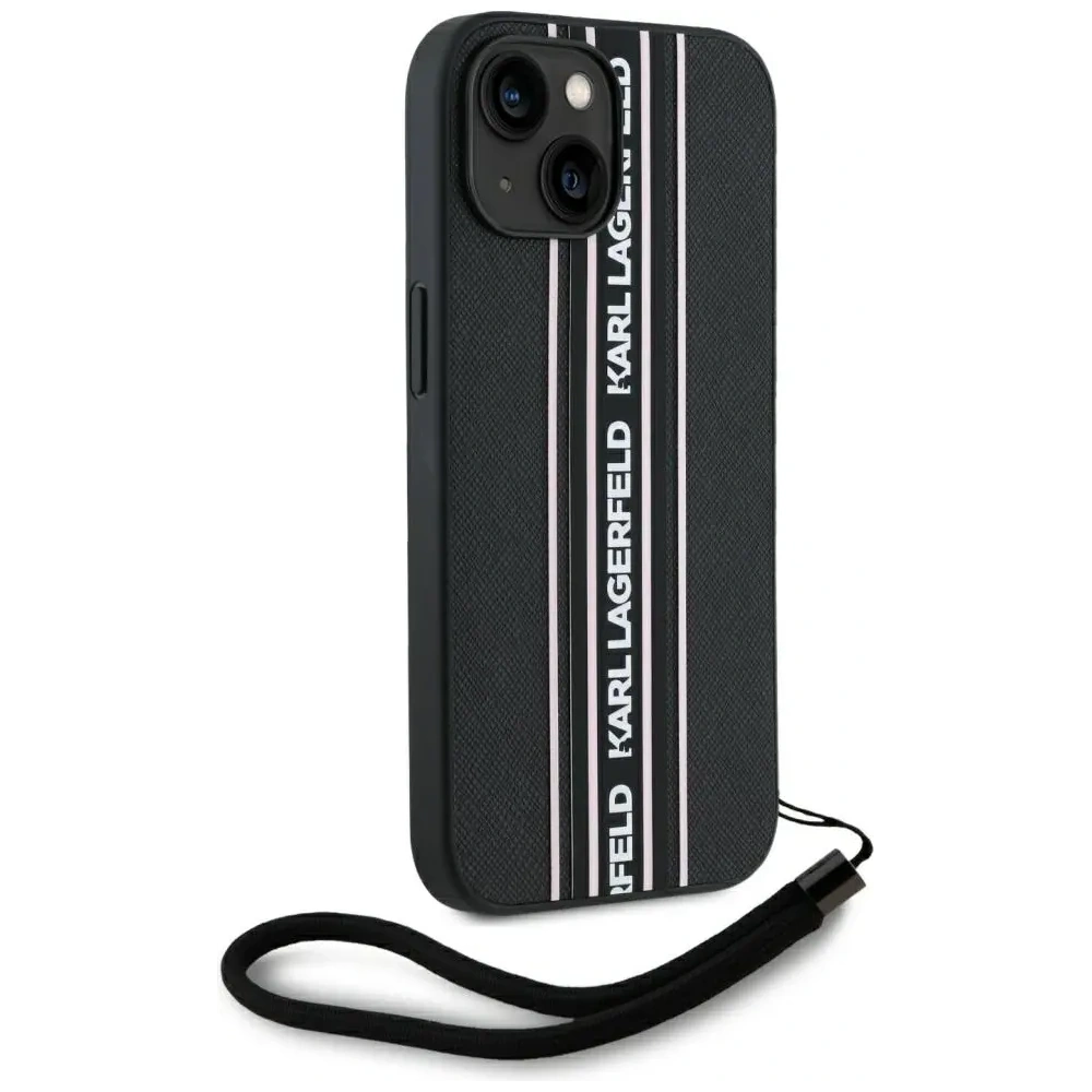 Etui Karl Lagerfeld Saffiano Athleisure Stripes Cord do Apple iPhone 15 czarno-różowy