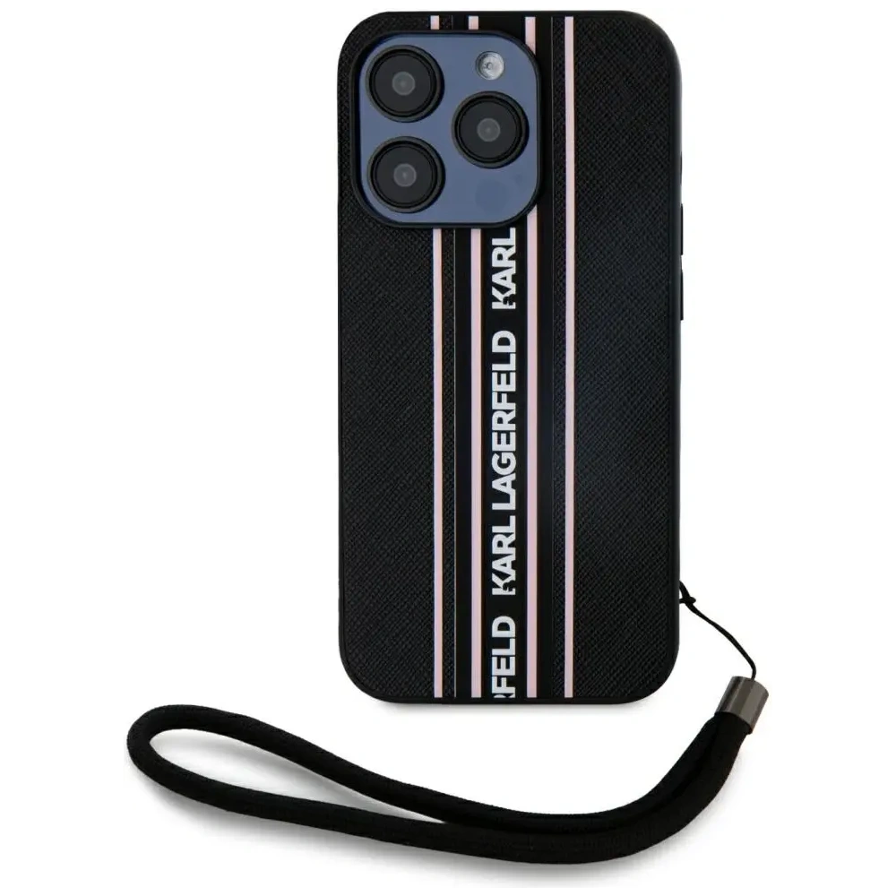 Etui Karl Lagerfeld Saffiano Athleisure Stripes Cord do Apple iPhone 15 Pro Max czarno-różowy