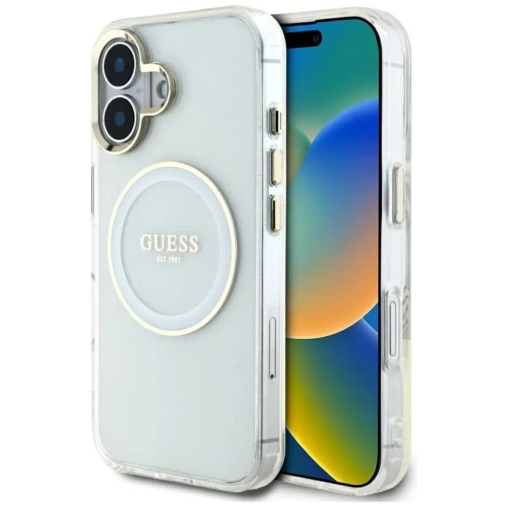 Etui Guess IML Metal Colored Circle Classic Logo MagSafe do Apple iPhone 16 biały