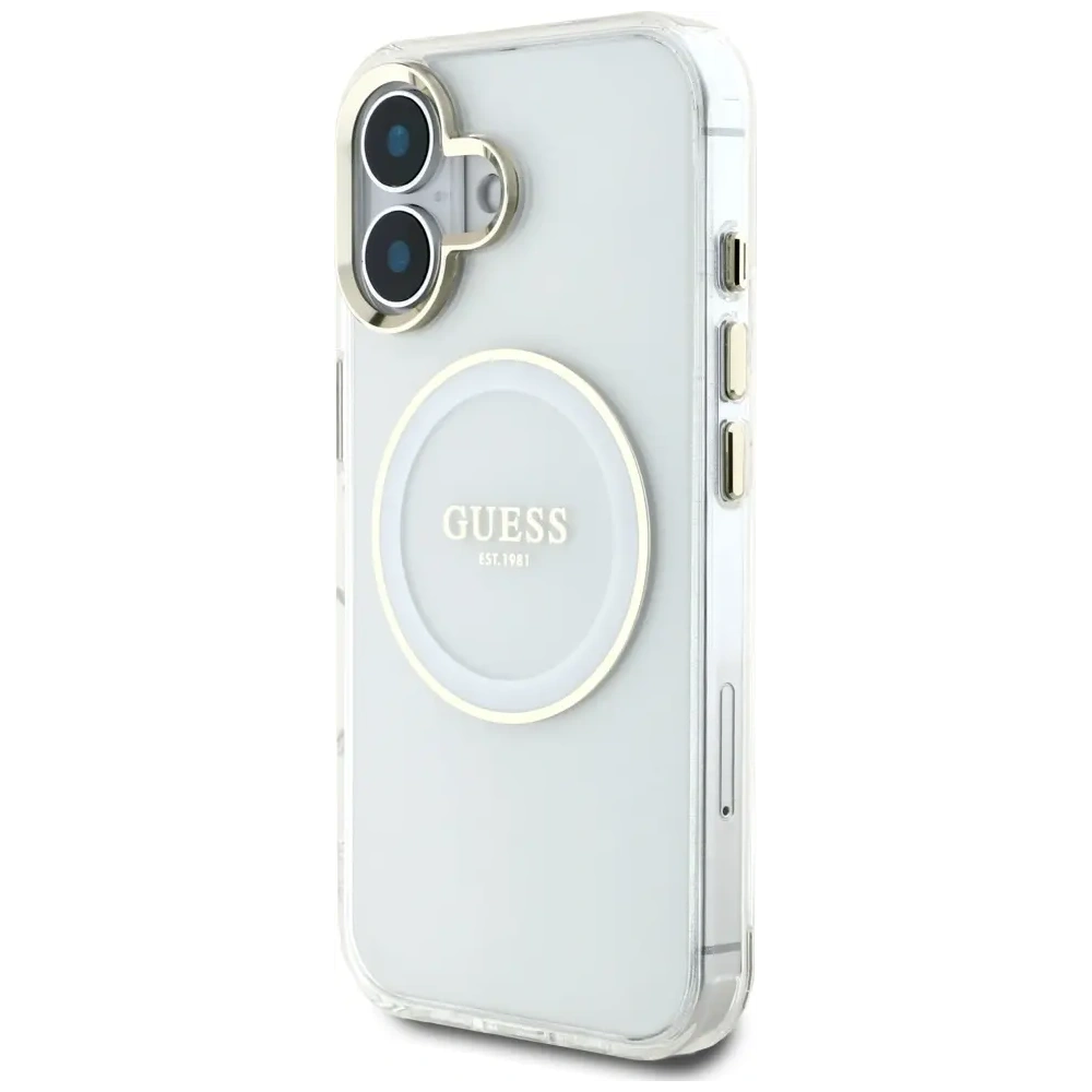 Etui Guess IML Metal Colored Circle Classic Logo MagSafe do Apple iPhone 16 biały