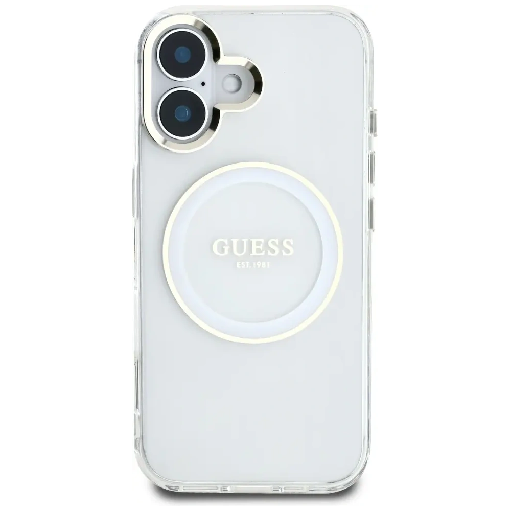 Etui Guess IML Metal Colored Circle Classic Logo MagSafe do Apple iPhone 16 biały
