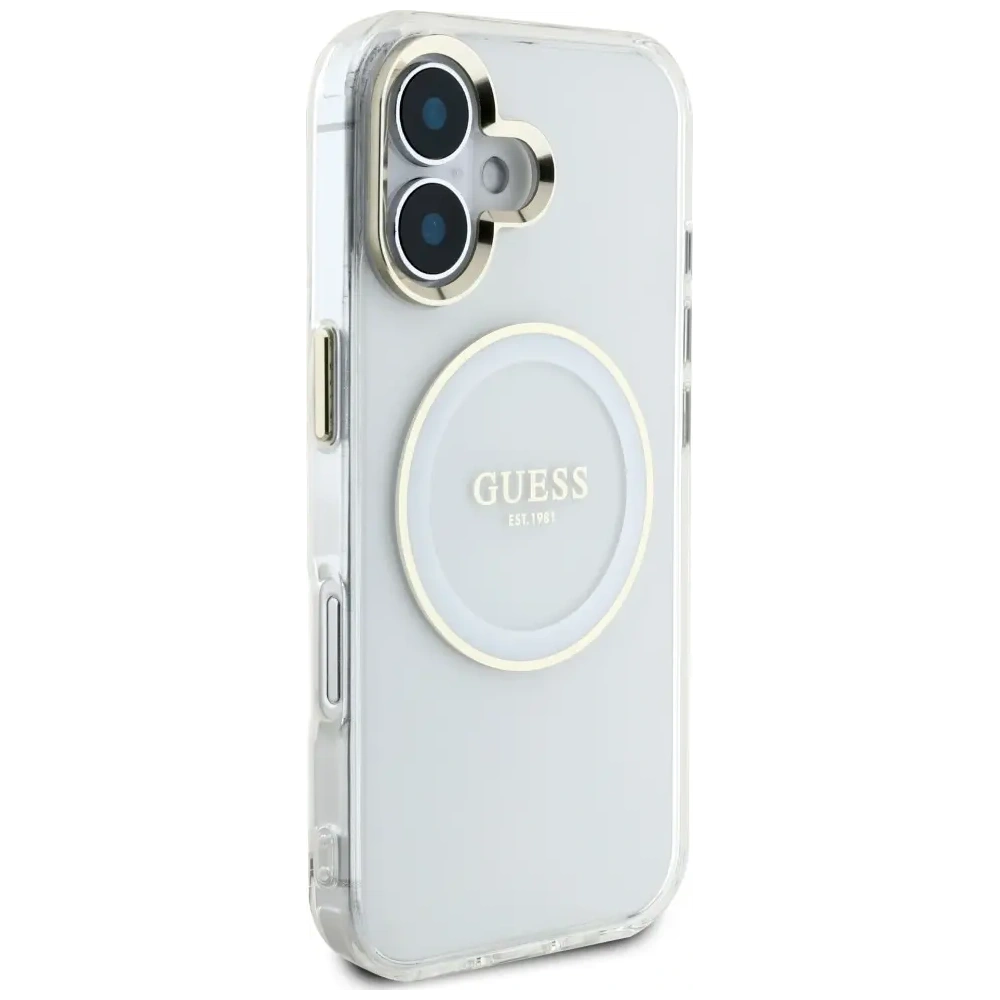 Etui Guess IML Metal Colored Circle Classic Logo MagSafe do Apple iPhone 16 biały