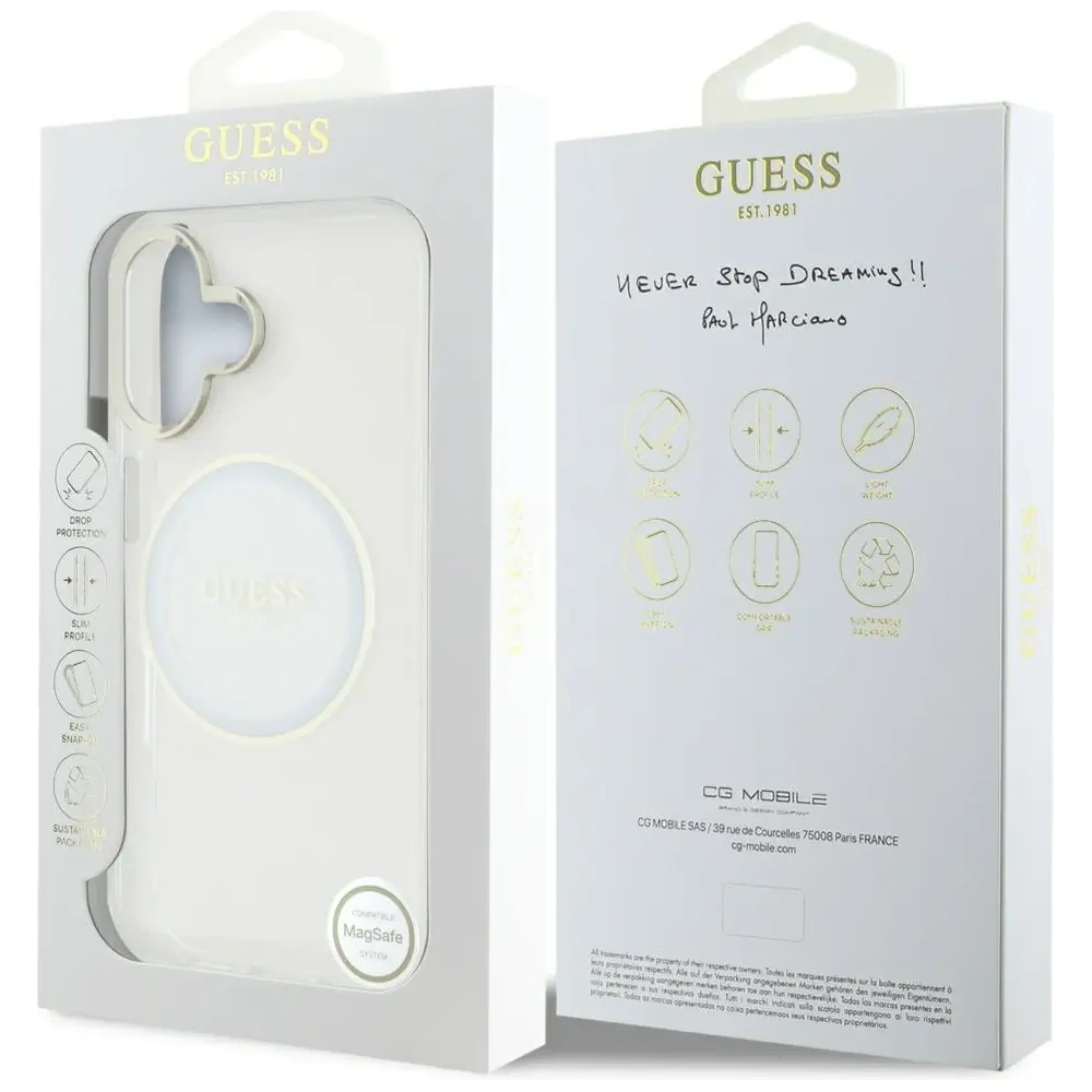 Etui Guess IML Metal Colored Circle Classic Logo MagSafe do Apple iPhone 16 biały