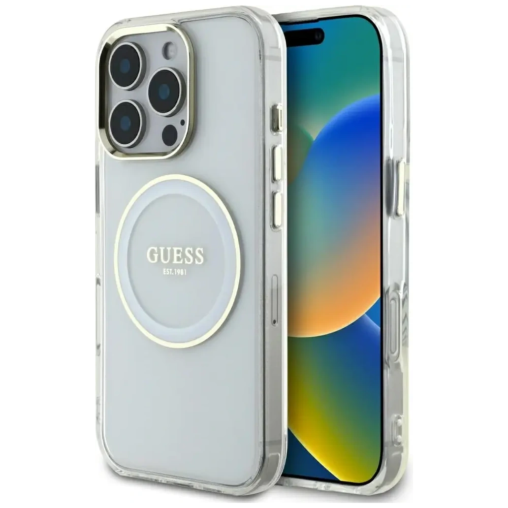 Etui Guess IML Metal Colored Circle Classic Logo MagSafe do Apple iPhone 16 Pro biały