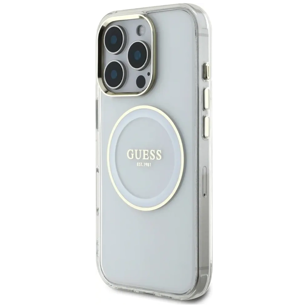 Etui Guess IML Metal Colored Circle Classic Logo MagSafe do Apple iPhone 16 Pro biały