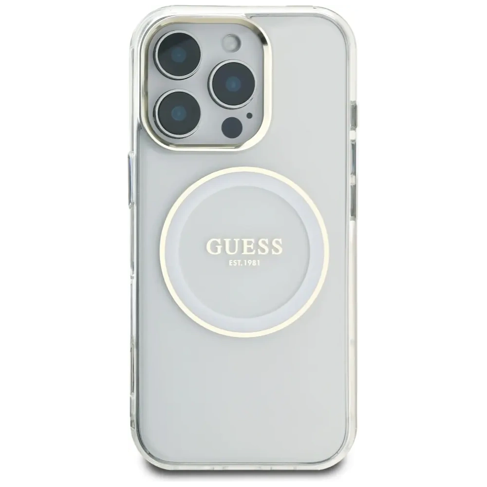 Etui Guess IML Metal Colored Circle Classic Logo MagSafe do Apple iPhone 16 Pro biały