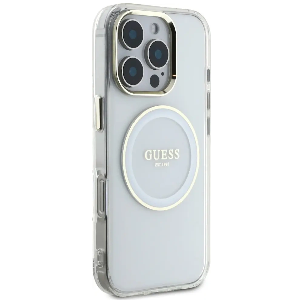 Etui Guess IML Metal Colored Circle Classic Logo MagSafe do Apple iPhone 16 Pro biały