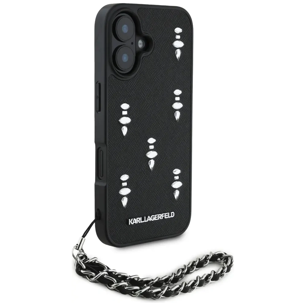 Etui Karl Lagerfeld Saffiano Crystals w/Chain do Apple iPhone 16 czarny