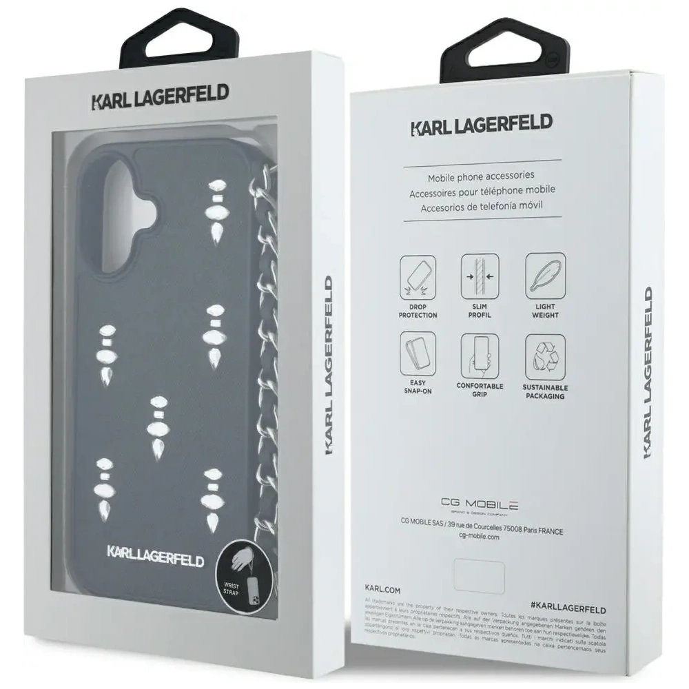 Etui Karl Lagerfeld Saffiano Crystals w/Chain do Apple iPhone 16 czarny