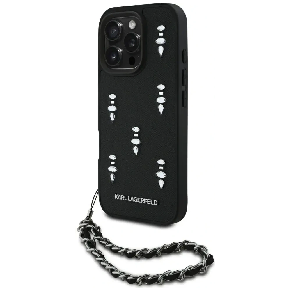 Etui Karl Lagerfeld Saffiano Crystals w/Chain do Apple iPhone 16 Pro czarny