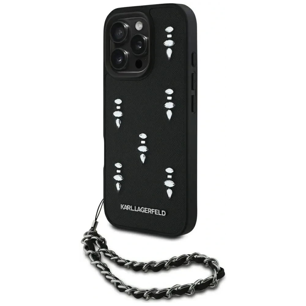 Etui Karl Lagerfeld Saffiano Crystals w/Chain do Apple iPhone 16 Pro Max czarny
