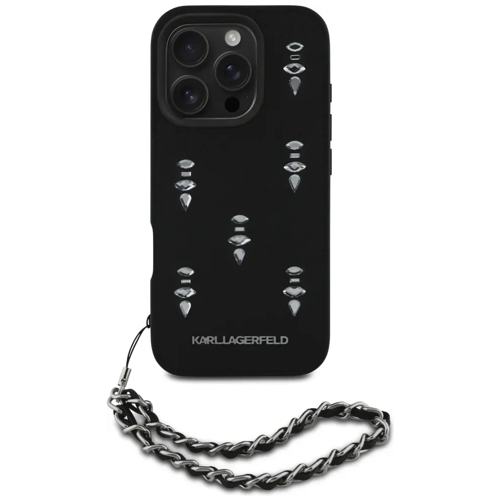 Etui Karl Lagerfeld Saffiano Crystals w/Chain do Apple iPhone 16 Pro Max czarny