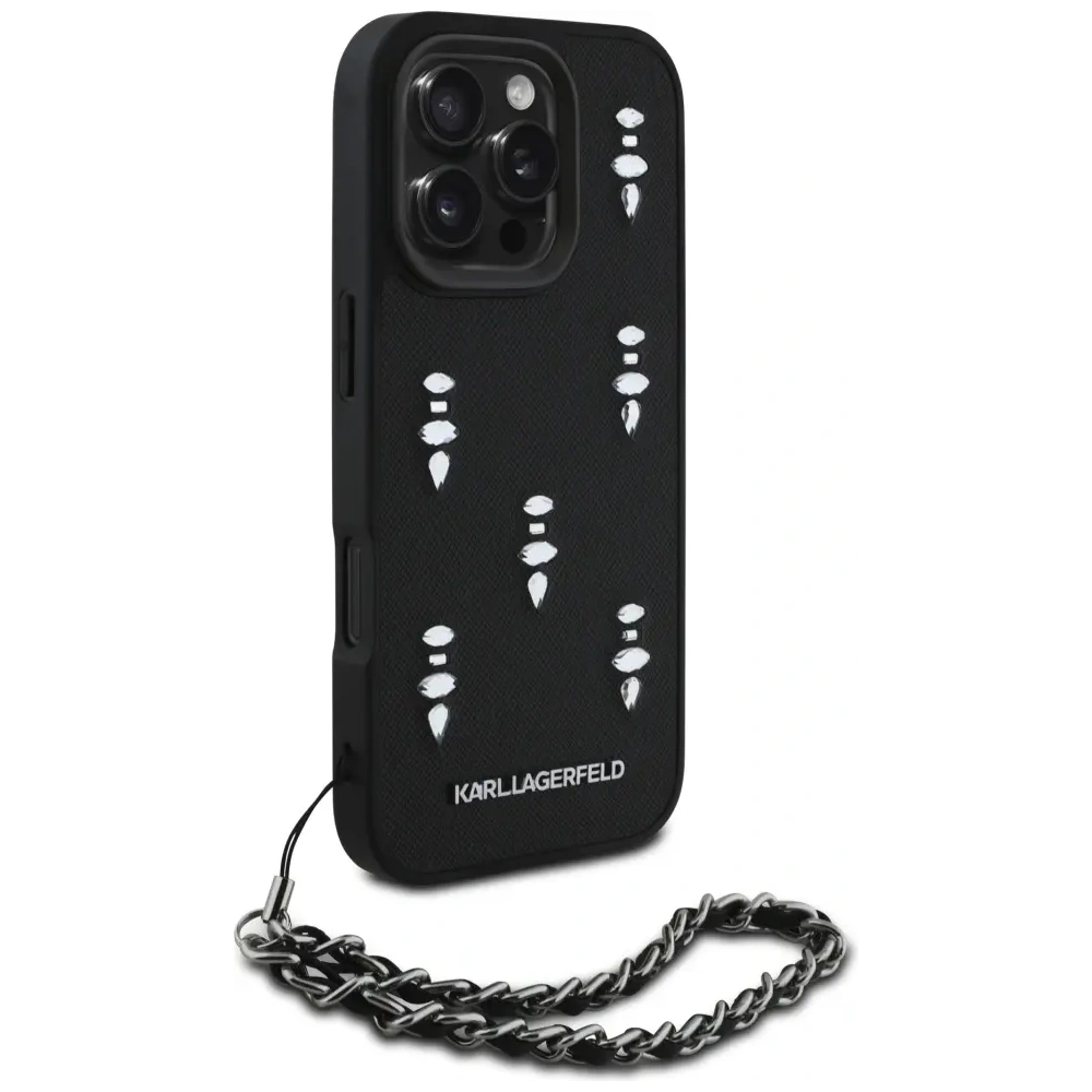 Etui Karl Lagerfeld Saffiano Crystals w/Chain do Apple iPhone 16 Pro Max czarny