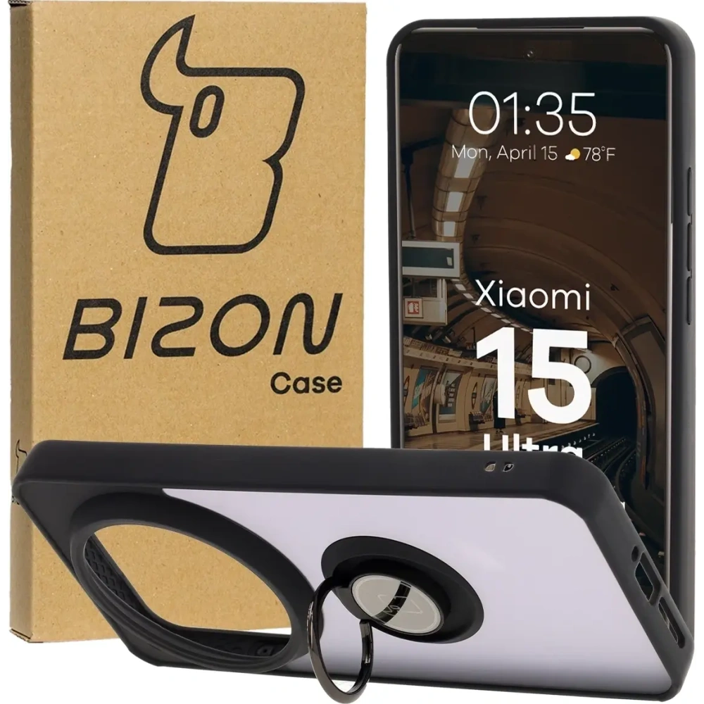 Etui z uchwytem na palec Bizon Case Hybrid Ring do Xiaomi 15 Ultra przydymione z czarną ramką