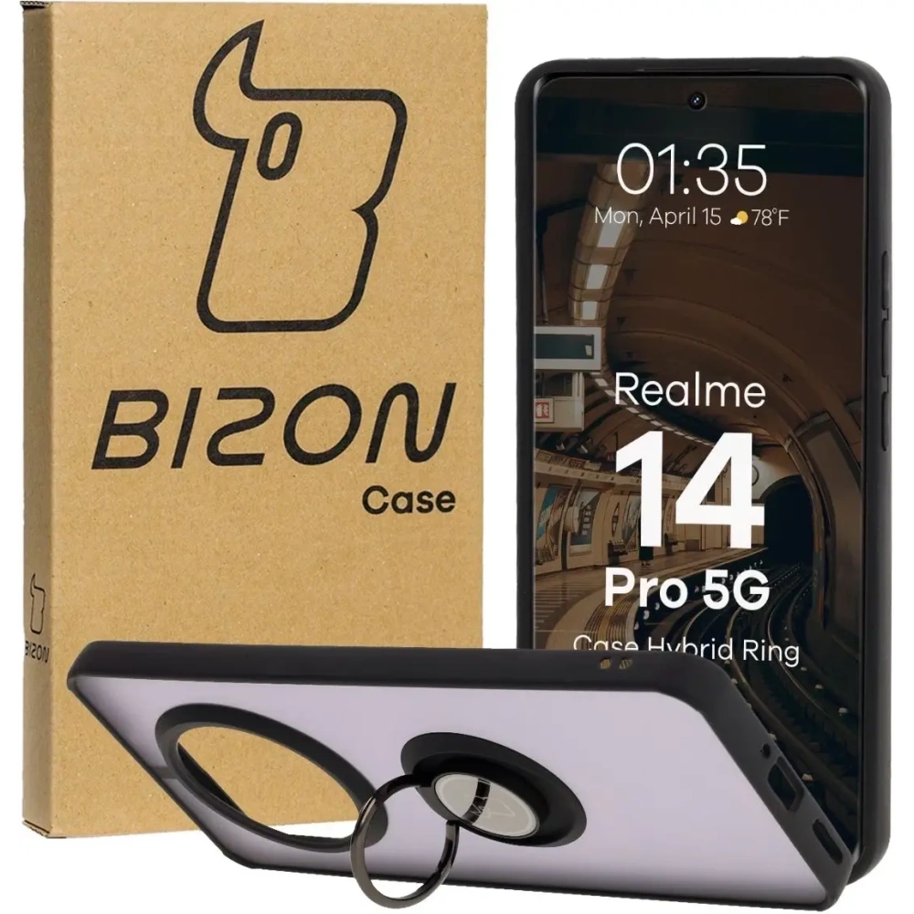Etui z uchwytem na palec Bizon Case Hybrid Ring do Realme 14 Pro 5G przydymione z czarną ramką