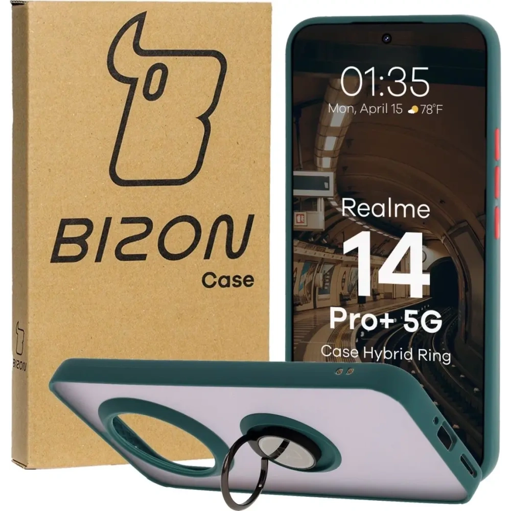 Etui z uchwytem na palec Bizon Case Hybrid Ring do Realme 14 Pro Plus 5G przydymione z ciemnozieloną ramką