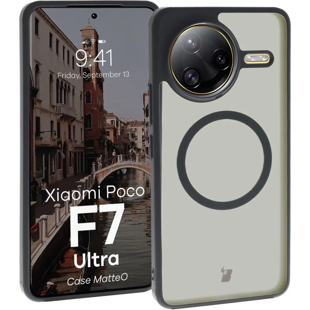 Etui z pierścieniem magnetycznym Bizon Case MatteO do Xiaomi Poco F7 Ultra przydymione-czarne