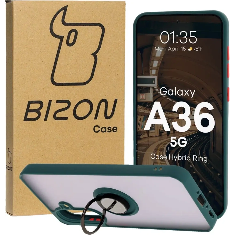 Etui z uchwytem na palec Bizon Case Hybrid Ring do Samsung Galaxy A36 5G przydymione z ciemnozieloną ramką