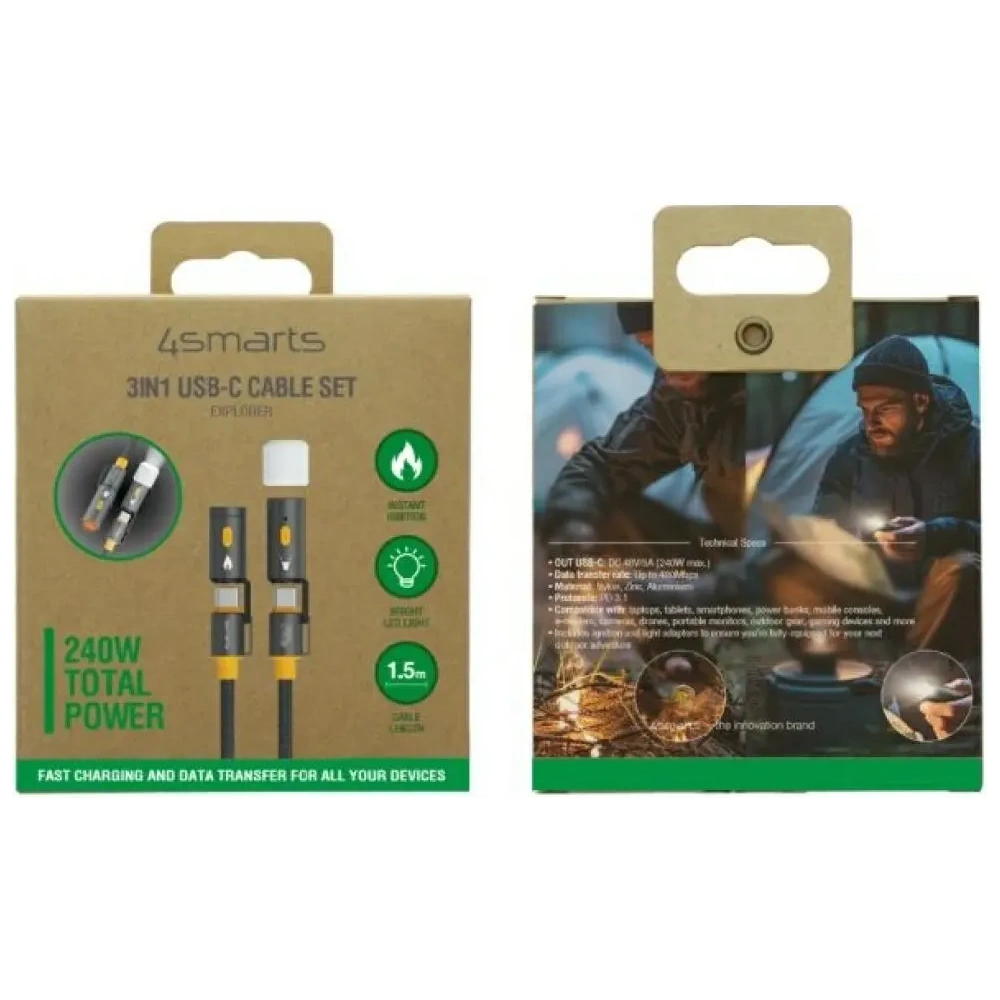 Kabel USB-C / USB-C 4smarts Explorer 3w1 zapalniczka, latarka 240W 1.5m czarny