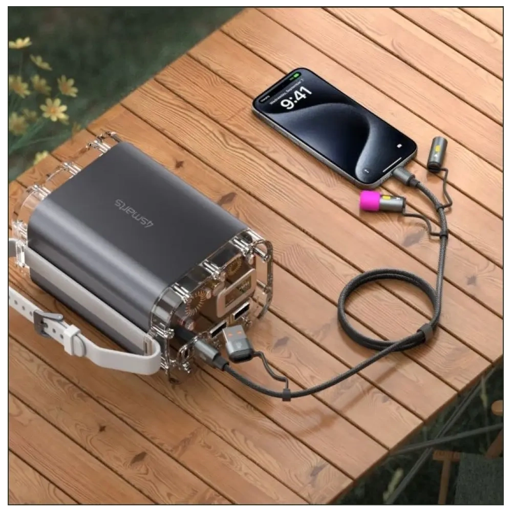 Kabel USB-C / USB-A, USB-C 4smarts Explorer 4w1 zapalniczka, latarka 60W 1m czarny