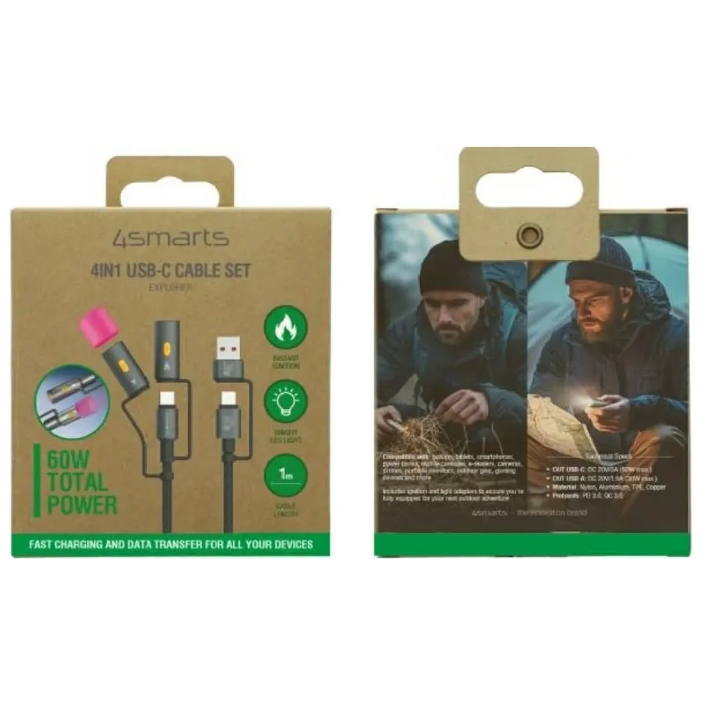 Kabel USB-C / USB-A, USB-C 4smarts Explorer 4w1 zapalniczka, latarka 60W 1m czarny