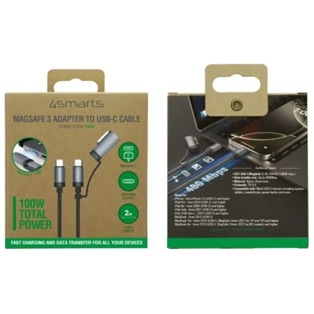 Kabel USB-C / USB-C, MagSafe 4smarts Explorer ComboCord 100W 2m czarny