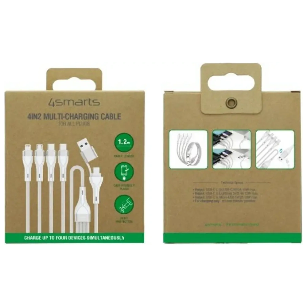 Kabel USB-C, USB-A / 2xUSB-C, Micro-USB, Lightning 4smarts 4w1 1.2m biały