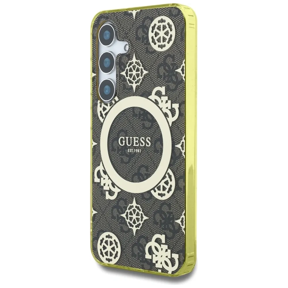 Etui Guess 4G Background Gold Electroplated Peony Pattern MagSafe do Samsung Galaxy S25 brązowy