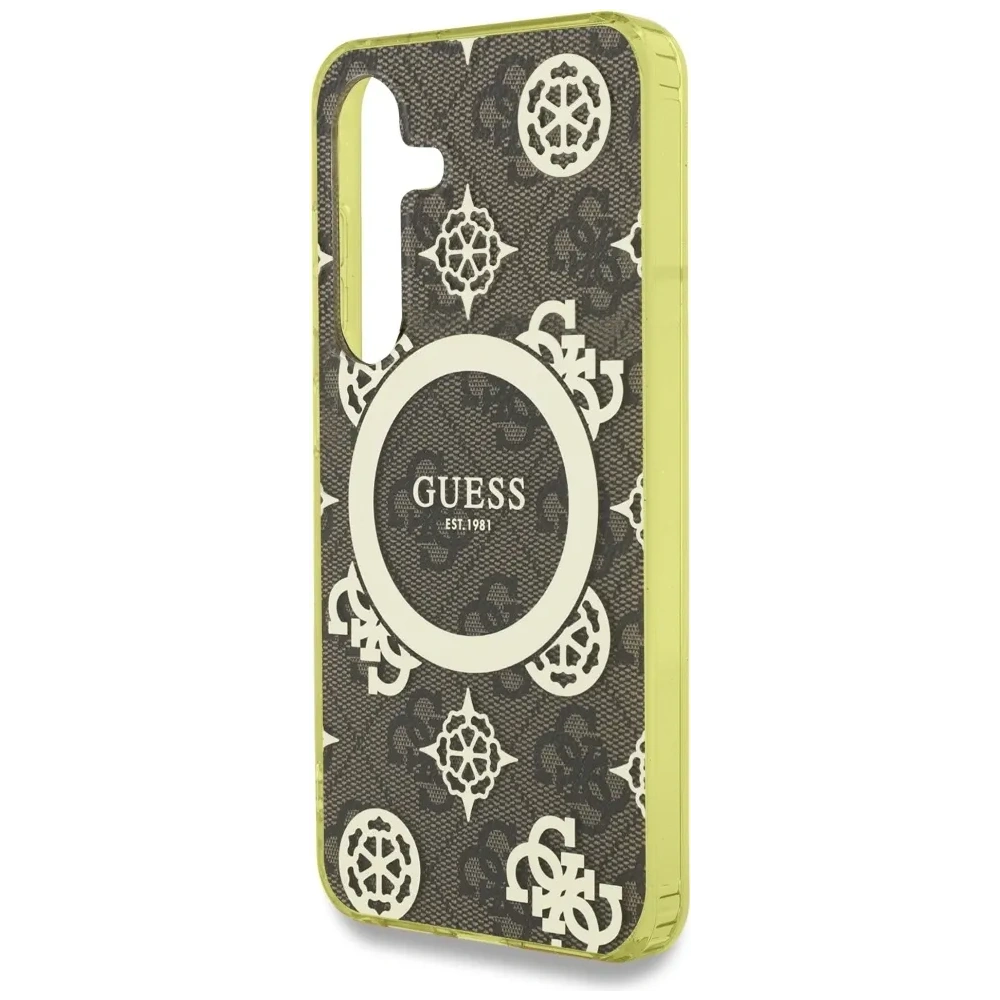 Etui Guess 4G Background Gold Electroplated Peony Pattern MagSafe do Samsung Galaxy S25 brązowy