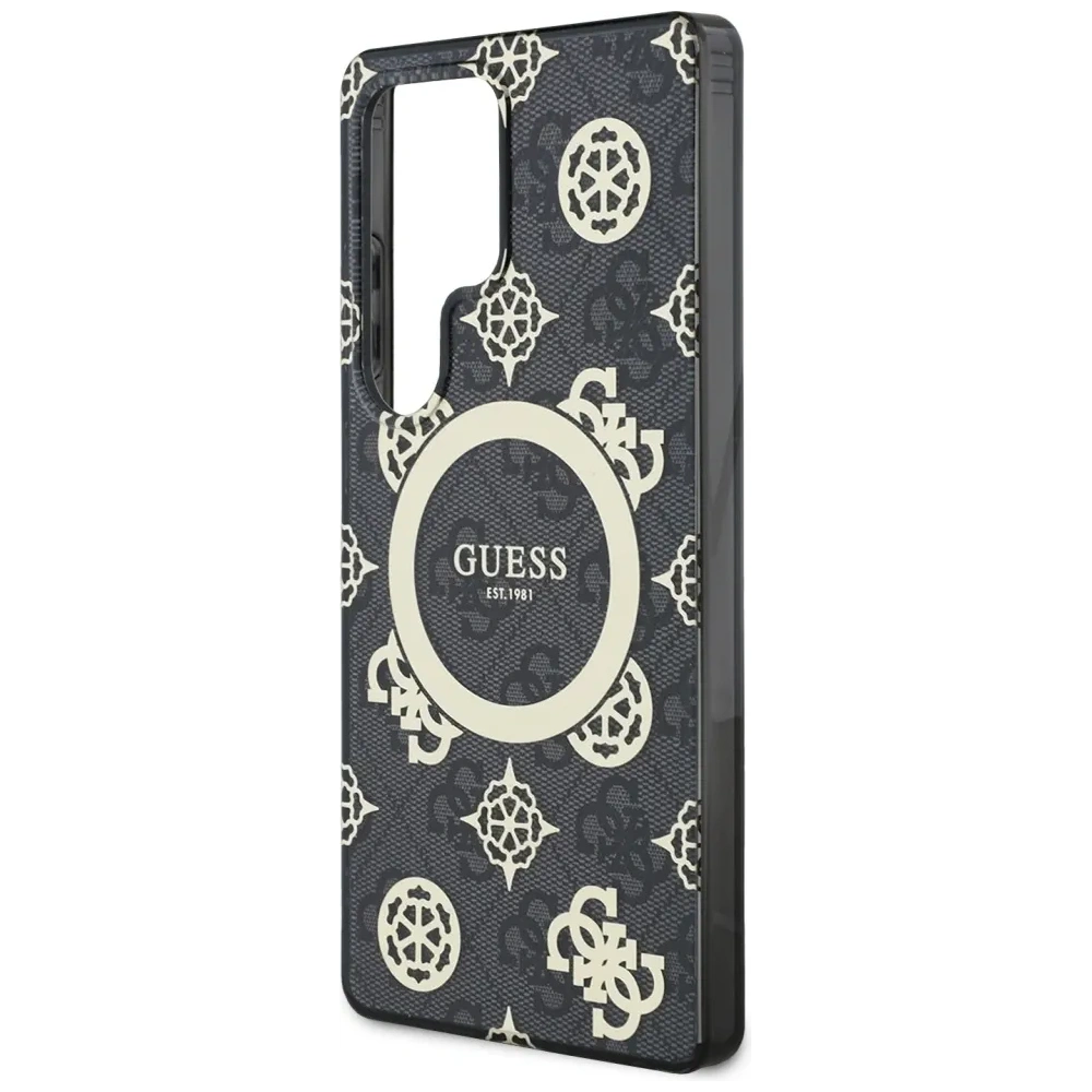 Etui Guess 4G Background Gold Electroplated Peony Pattern MagSafe do Samsung Galaxy S25 Ultra czarny
