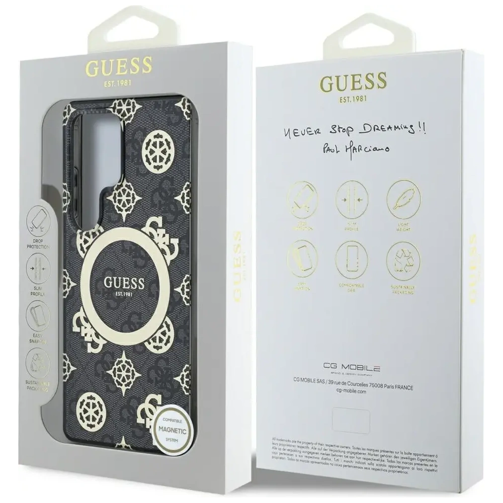 Etui Guess 4G Background Gold Electroplated Peony Pattern MagSafe do Samsung Galaxy S25 Ultra czarny