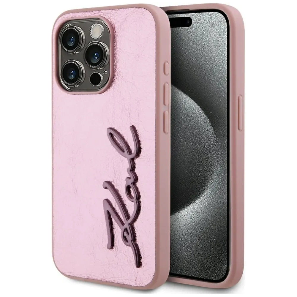 Etui Karl Lagerfeld Wrinkled Metal Signature do Apple iPhone 15 Pro Max różowy